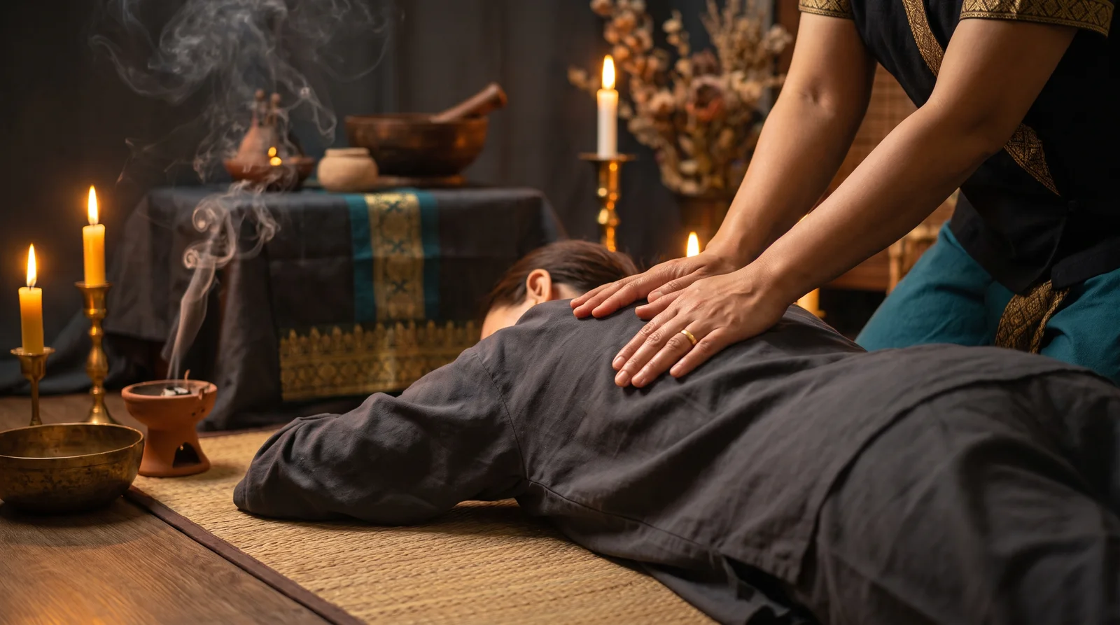 Traditional SomaVeda Thai Yoga bodywork by candlelight
